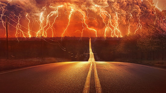 road lightning thunder storm digital art, HD wallpaper HD wallpaper