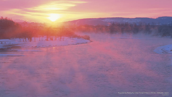 Fog and the Rising Sun Over Tokachi River in Winter, Hokkaido, Japan, Asia, HD wallpaper