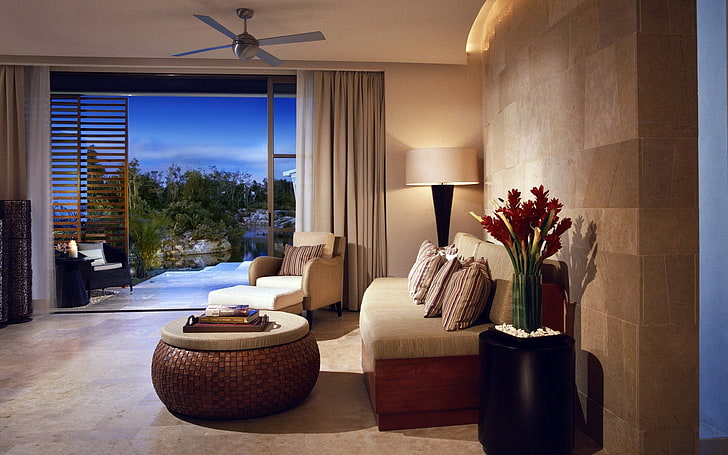 brown and beige sofa, interior, bathroom, furniture, design, HD wallpaper