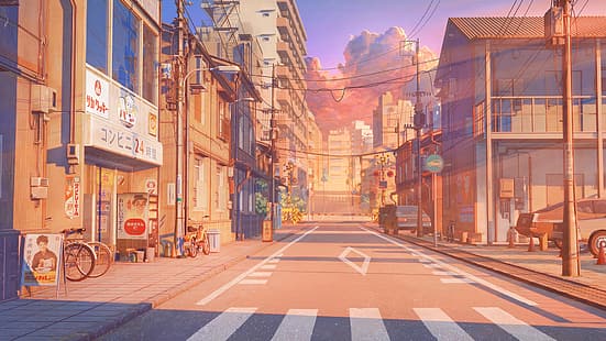 Giappone, anime, nuvole, strada, bicicletta, casa, cielo, Sfondo HD HD wallpaper