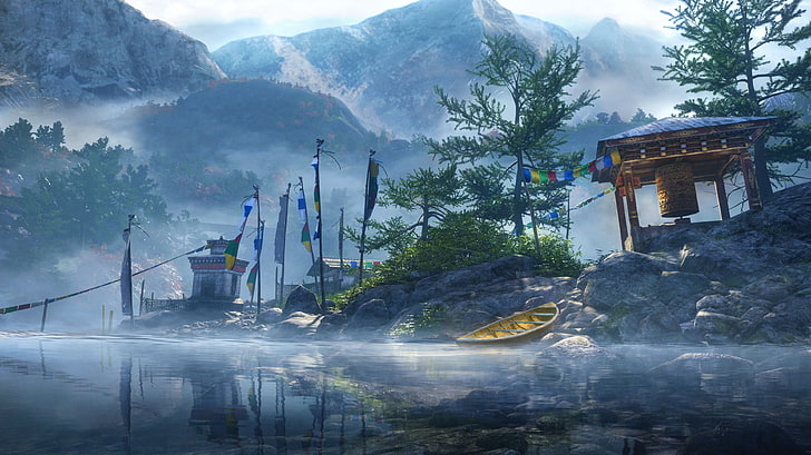 Adventure games, mountain, Himalayas, Kyrat, game, open world, Tibet, lake, boat, Far Cry 4, shooter, screenshot, HD wallpaper