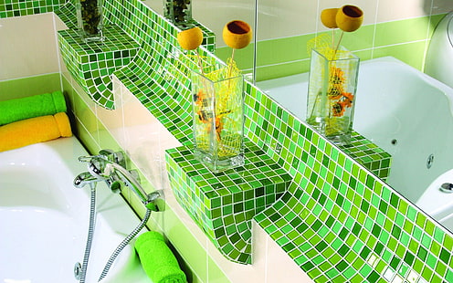 chuveiro de aço inoxidável, banheiro, utensílios de cozinha, pedra, azulejo, HD papel de parede HD wallpaper