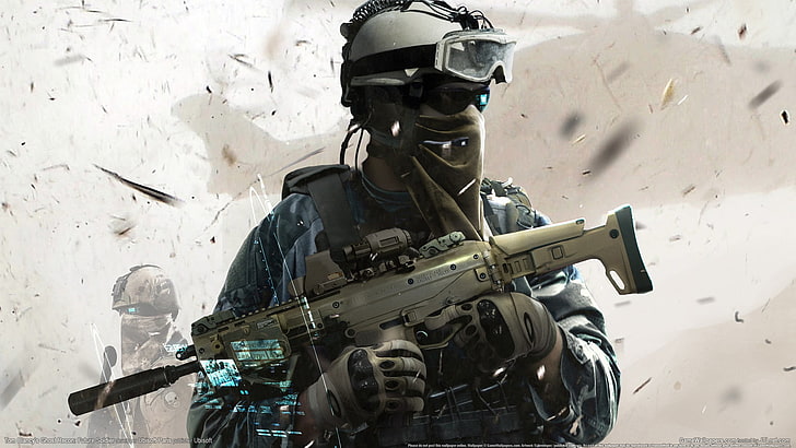 gray and black rifle, weapons, helicopter, soldiers, hologram, the vest, squad Ghost, Ghost Recon: Future Soldier, Tom Clancy's, HD wallpaper