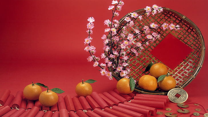シンプル背景、オレンジ、花、植物、 HDデスクトップの壁紙