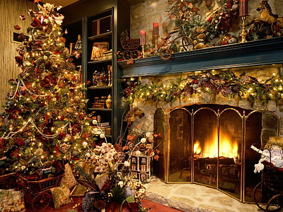 new year, christmas, fireplace, fur-tree, cosiness, new year, christmas, fireplace, fur-tree, cosiness, HD wallpaper HD wallpaper