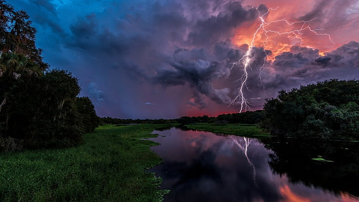 отражение, трава, лес, Флорида, шторм, облака, деревья, США, природа, река, пейзаж, молния, закат, вода, HD обои