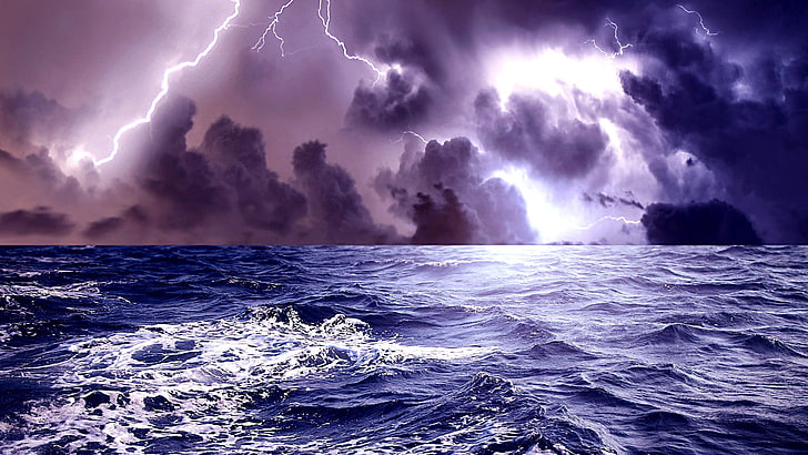 sea, sky, storm, wave, water, lightning, cloud, seascape, HD wallpaper