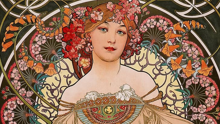 Alphonse Mucha, ilustrasi, Art Nouveau, seni tradisional, bunga, Wallpaper HD