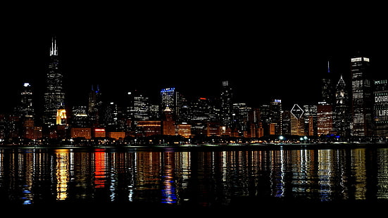 シカゴ、都市、街の明かり、高層ビル、 HDデスクトップの壁紙 HD wallpaper