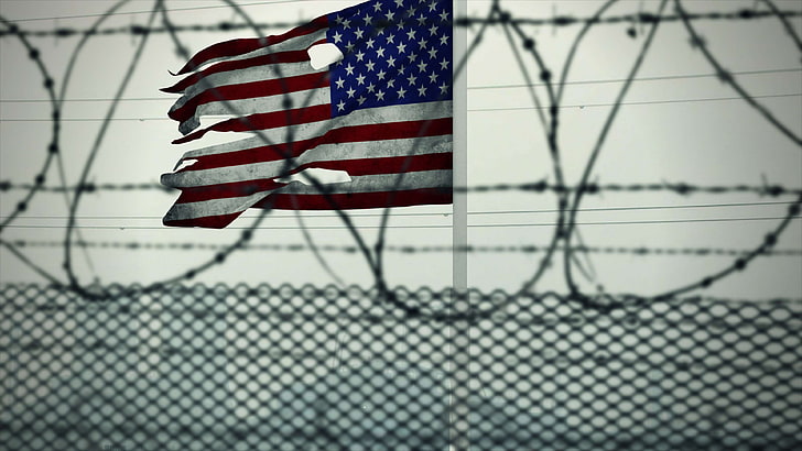 amerikanische flagge, sperrendraht, inhaftierungslager, guantanamo bay, gefängnis, einsperrung, militär, naval base, strafanstalt, gefängnis, usa, HD-Hintergrundbild