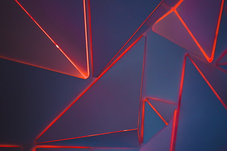 5K, 3D, триъгълници, шарка, червено, геометрично, неон, HD тапет HD wallpaper