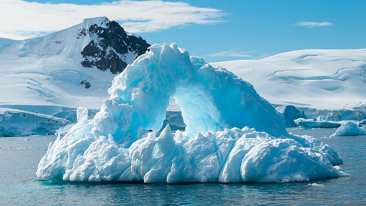 iceberg, naturaleza, paisaje, invierno, nieve, hielo, montañas, pico nevado, glaciares, iceberg, mar, nubes, colinas, Antártida, Fondo de pantalla HD