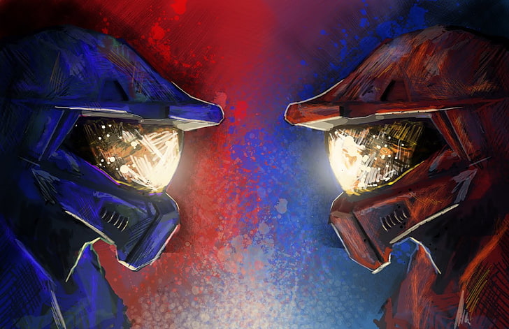 синий и красный шлемы, красный против синего, Halo, HD обои