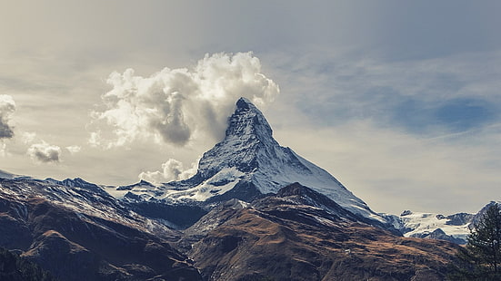 glacier mountain, mountains, clouds, sky, landscape, mist, nature, Matterhorn, Cervino, HD wallpaper HD wallpaper