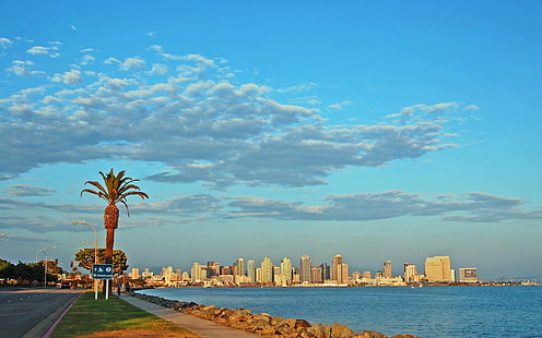Сан Диего, Калифорния, САЩ, Сан Диего, Калифорния, САЩ, небе, облаци, дърво, път, дом, Персийския залив, HD тапет HD wallpaper