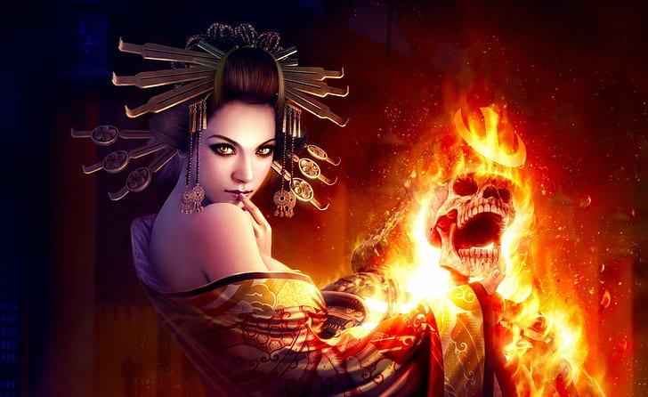 Fantasy, Woman, Skull, Fire, Burning, fantasy, woman, skull, fire, burning, HD wallpaper