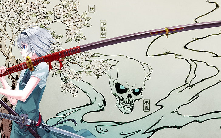 Youmu Konpaku, weißhaarige animierte Frauenillustration, Anime / Animated,, Blume, Anime-Serie, Mädchen, Anime, HD-Hintergrundbild