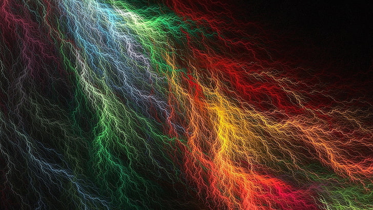 งานศิลปะสายฟ้าหลากสีศิลปะดิจิตอลเรียบง่ายนามธรรม CGI มีสีสันสายฟ้า, วอลล์เปเปอร์ HD