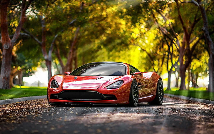 красное купе, Aston Martin, суперкар, Aston Martin DBC, концепт-кары, красные автомобили, солнечный свет, боке, HD обои