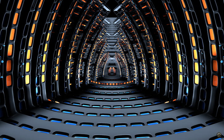 Raum-Konzertsaal, grauer und orange konkreter Tunnel, Raum, Konzert, Halle, HD-Hintergrundbild