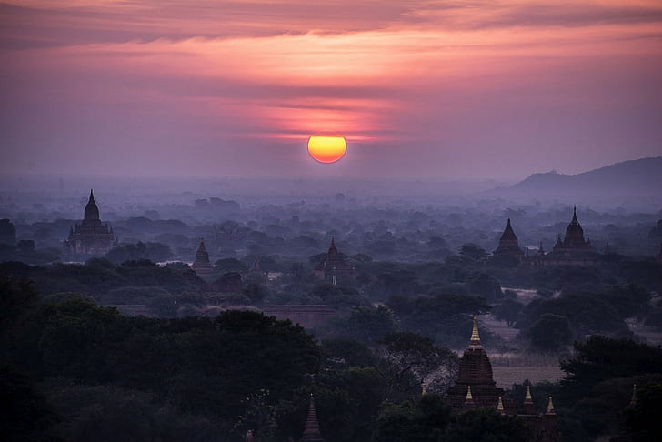 Bagan, buddismo, nuvole, paesaggio, nebbia, Myanmar, natura, cielo, alba, tempio, alberi, valle, Sfondo HD