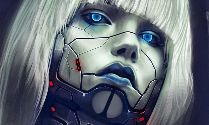 cyberpunk, cyborg, blue, science fiction, HD wallpaper