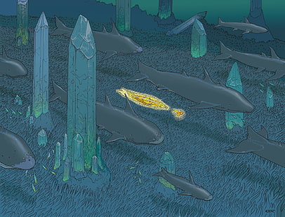 pintura de tiburones grises, Mœbius, cómics, obras de arte, mar, peces, Fondo de pantalla HD HD wallpaper