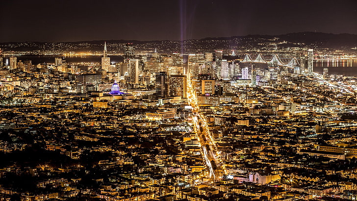 USA, San Francisco, Panorama, Lichter der Stadt, Nachtlichter, Nacht, Vereinigte Staaten, Metropole, Stadtbild, Ballungsraum, Skyline, Innenstadt, HD-Hintergrundbild