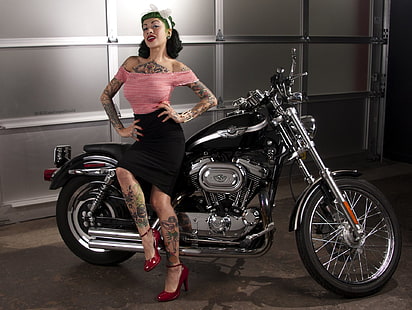 Motociclette, ragazze e motociclette, Harley-Davidson, Pin-Up, Tattoo, Sfondo HD HD wallpaper