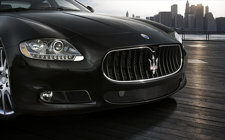 black Maserati GranTurismo coupe, Maserati, logo, grille, HD wallpaper