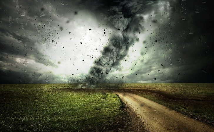 Cyclone, hurricane illustration, Aero, Creative, Dark, Landscape, Field, Road, Rain, Storm, Glass, Clouds, Raindrops, Tornado, cyclone, dirtroad, countryroad, HD wallpaper