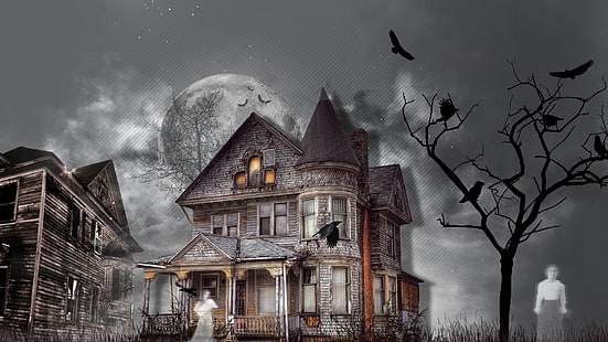 сива и кафява къща с духове, тъмно, призрак, Хелоуин, обитавана от духове къща, празник, гарван, дърво, HD тапет HD wallpaper