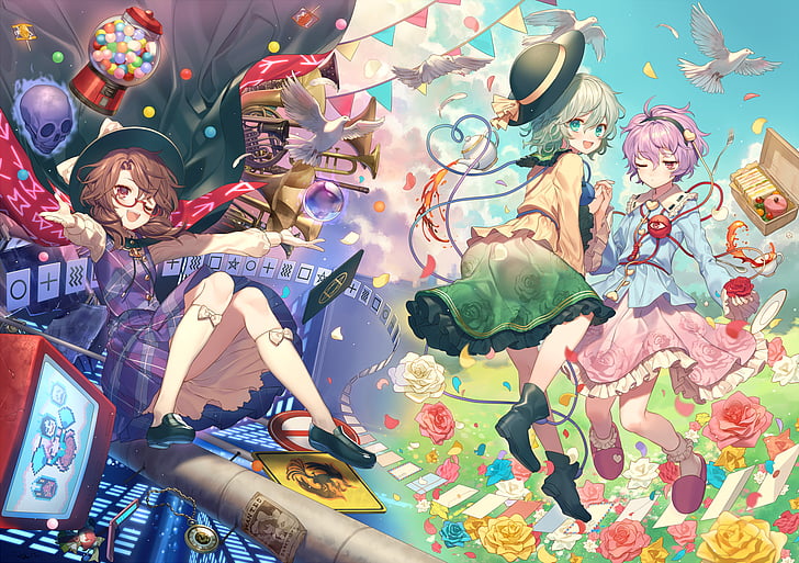 Anime, Touhou, Hata no Kokoro, Koishi Komeiji, Satori Komeiji, Sumireko Usami, HD papel de parede
