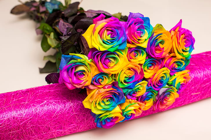 bright, roses, bouquet, colorful, multicolor, HD wallpaper