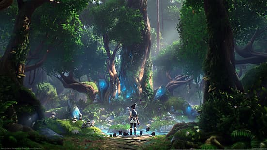 Kena: Bridge of Spirits, ลำต้นของต้นไม้, ทางป่า, CG เกม, Girl's Day, วอลล์เปเปอร์ HD HD wallpaper