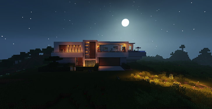 casa de 2 pisos de hormigón blanco, Minecraft, paisaje, casa, moderno, Fondo de pantalla HD