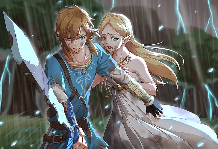Zelda, The Legend of Zelda: Breath of the Wild, Blonde, Crying, Dress, Link, Rain, Sword, Tears, HD wallpaper