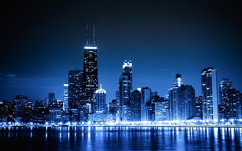 синьо, чикаго, градски пейзажи, светлини, нощ, небостъргачи, градски, HD тапет HD wallpaper