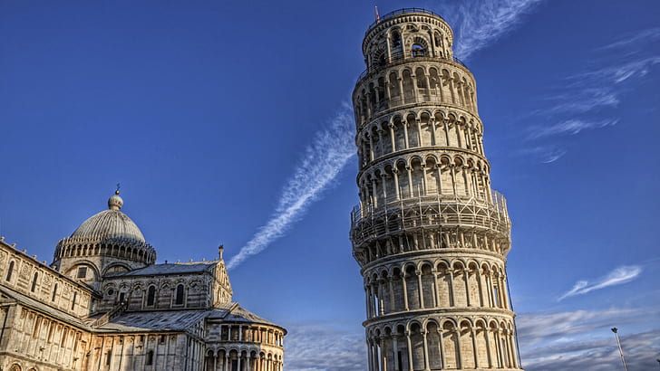daytime, architecture, blue sky, leaning tower, tower of pisa, pisa cathedral, europe, tourism, italy, leaning tower of pisa, pisa, piazza dei miracoli, dome, building, spire, square of miracles, national historic landmark, tourist attraction, sky, tower, historic site, landmark, HD wallpaper