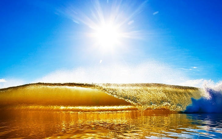 nature landscape gold waves sea coast beach sun water, HD wallpaper