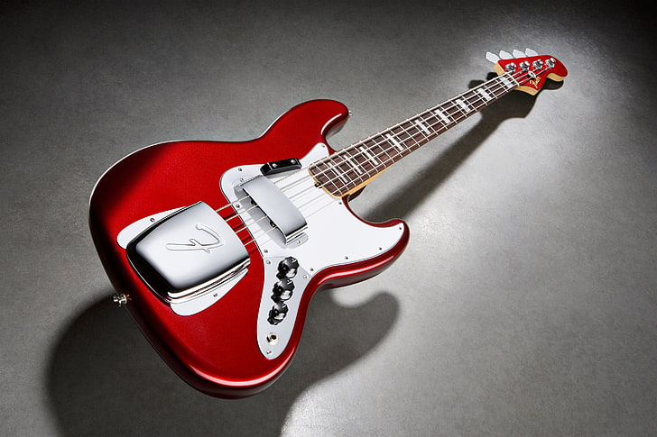 재즈베이스 기타, 빨간색과 흰색 일렉트릭 기타, 음악, 기타, HD 배경 화면