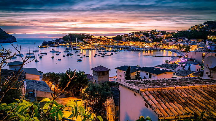 スペイン、マヨルカ、ポルト・デ・ソリェル、馬蹄港、絵のように美しい、港、バレアレス諸島、ヨーロッパ、夕暮れ、日没、夕方、海、湾、 HDデスクトップの壁紙