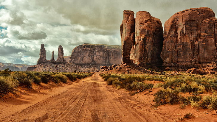 Monument Valley, Arizona, USA, road, gravel, rocks, bushes, clouds, Monument, Valley, Arizona, USA, Road, Gravel, Rocks, Bushes, Clouds, HD wallpaper