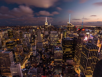 高層ビルの鳥瞰図、NYC、NYC、NYC、鳥瞰図、高層ビル、ロックフェラーセンター、日没、ニューヨーク、青、ニューヨーク市、マンハッタン-ニューヨーク市、都市スカイライン、エンパイアステートビルディング、米国、高層ビル、都市景観、ニューヨーク州、有名な場所、ダウンタウン地区、都市、都市のシーン、マンハッタンのミッドタウン、夜、建築、空撮、オフィスビル、建物外観、夕暮れ、構築された構造、 HDデスクトップの壁紙 HD wallpaper