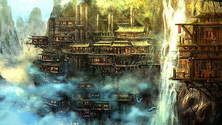 temples illustration, fantasy art, waterfall, fantasy city, HD wallpaper