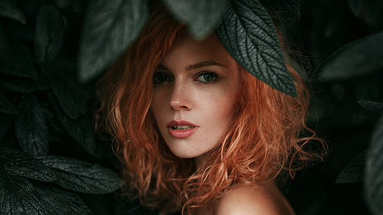 Georgy Chernyadyev, perempuan, daun, berambut merah, wajah, potret, Wallpaper HD HD wallpaper