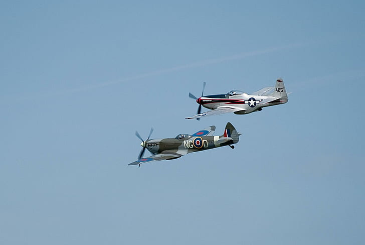 Spitfire Mustang, 2 aviões de combate, mustang, aeronaves, spitfire, warbirds, aviões, HD papel de parede