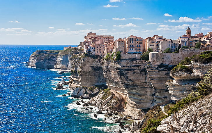 Corsica on the Rocks, edge, landscape, sea, homes, HD wallpaper
