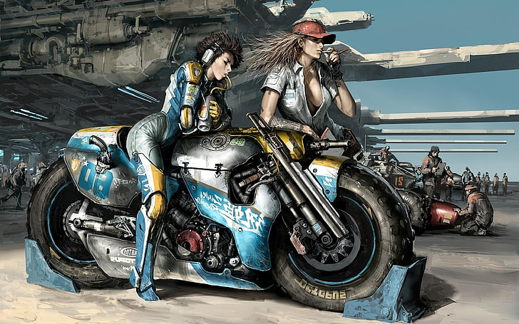 kvinna som rider på motorcykel tapeter, motorcykel, konstverk, science fiction, rökning, HD tapet