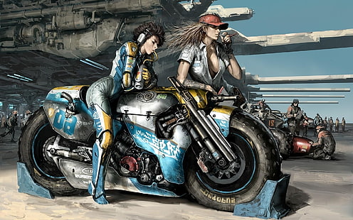 женщина езда на мотоцикле обои, мотоцикл, произведение искусства, научная фантастика, курение, HD обои HD wallpaper